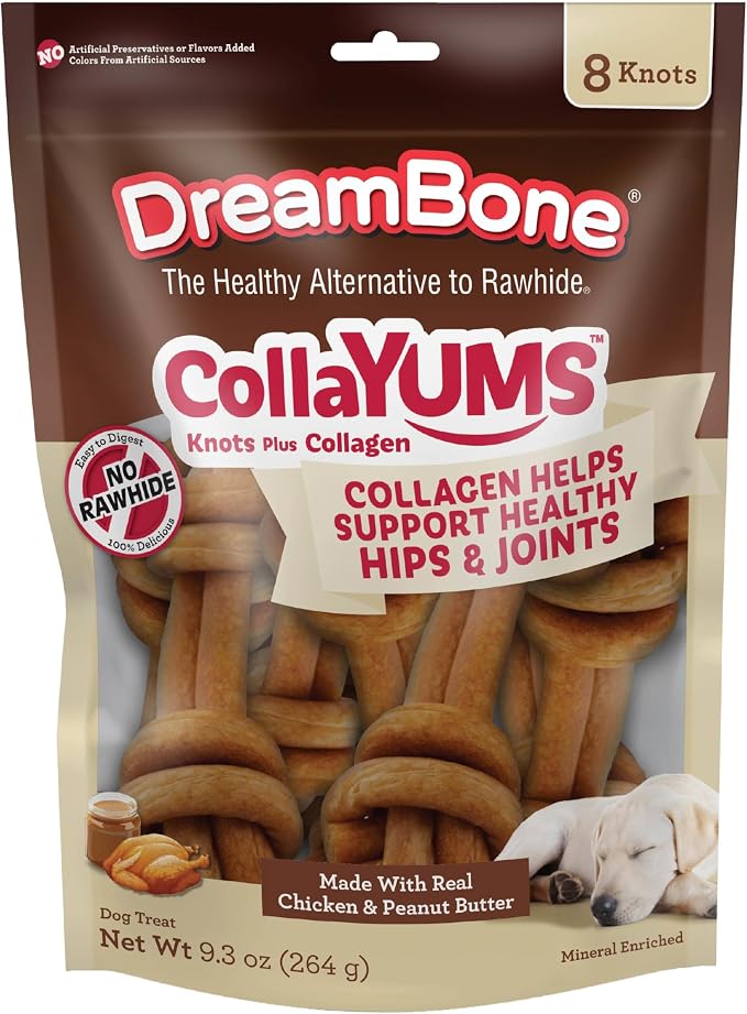 DreamBone CollaYUMS Knots Plus Collagen Rawhide-Free Dog Treats, 8 Count | Supports Hip and Joint Health, Daily Chew, Digests Safely and Completely, With Real Chicken & Peanut Butter, For Adult Dogs