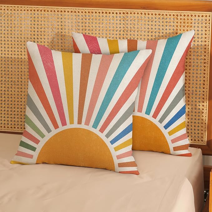 Summer Pillow Covers 18x18 Set of 2 Colorful Stripes Yellow Sunshine Throw Pillows Outdoor Boho Rainbow Sun Decorative Pillow Cases Linen Modern Farmhouse Cushion Case for Home Bedroom Decor