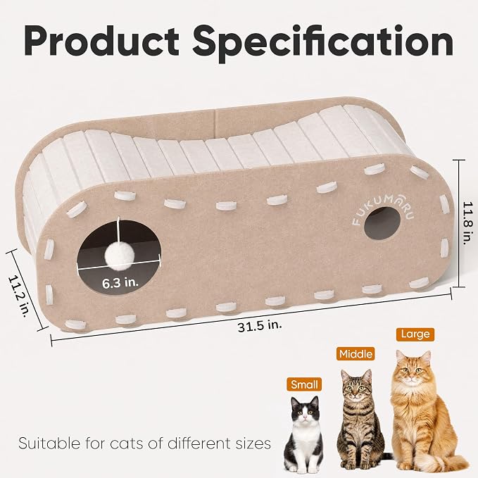 FUKUMARU Cat Bed Cave Tunnel, 31.5 Inch, Cat House Condo Indoor, Beige | Extra Long Design, For Multiple & Large Cats, Felt Material, Fluffy Ball Included, Scratch Resistant