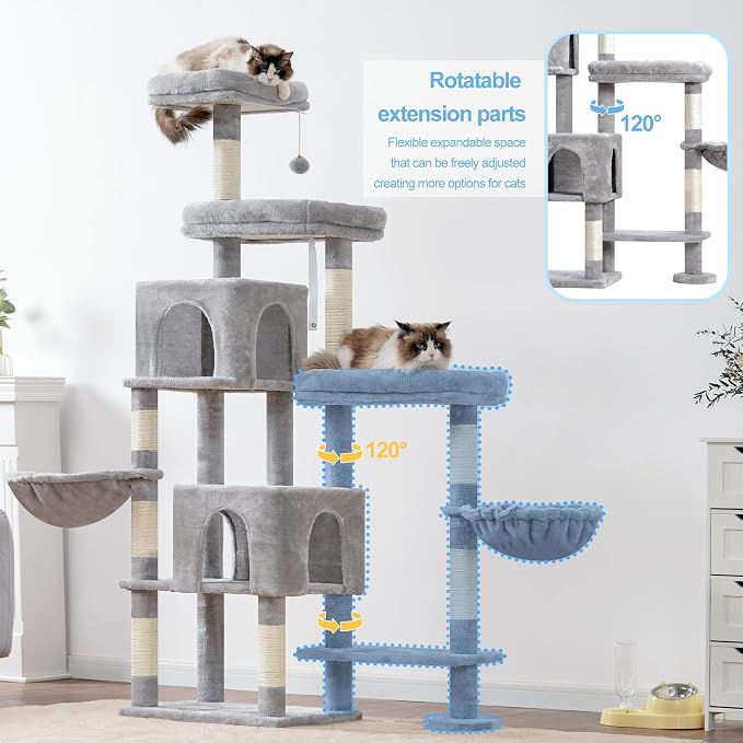 Hey-brother Cat Tree Tower with Stable Extended Base, 3 Platforms, MPJ038W | 70.9 Inches Multi-Level Sisal Scratching Posts, Wide Bed, 2 Cozy Condos, 2 Hammocks, Toy Balls for Indoor Cats, Light Gray
