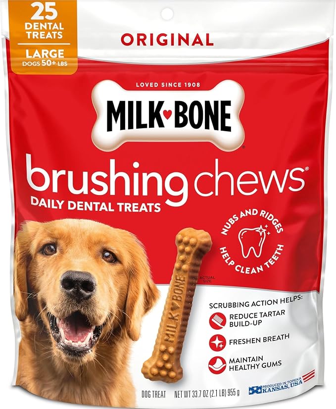 Milk-Bone Brushing Chews Large Daily Dental Dog Treats, 33.7 oz Bag | 25 treats, chicken flavored, VOHC accepted dental chews, helps clean teeth and freshen breath, for large dogs 50 lbs and up