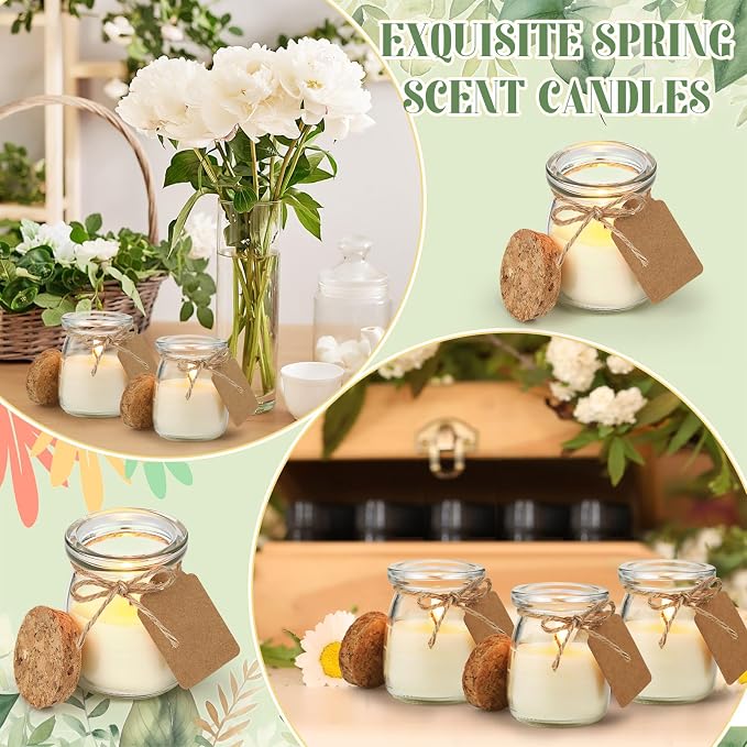 MTLEE 24 Pcs Wedding Jar Candles for Guests Natural Wax Spring Candles with DIY Cards for Bridal Baby Shower Party Favors Home Decor, Scents of After Rain/Fresh Cut Grass/Rose Geranium/Cherry Blossom