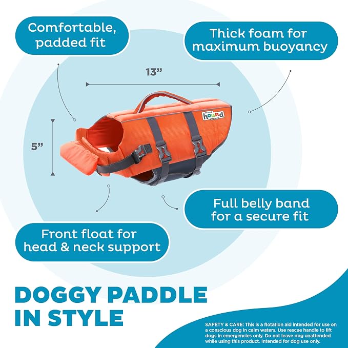 Outward Hound Granby Splash Dog Life Jacket, Life Vest, Orange, Small | Max Buoyancy, Adjustable Fit, Head/Neck Support, Rescue Handle, Reflective, Swimming & Boating, Small Dogs (16–20" Girth)