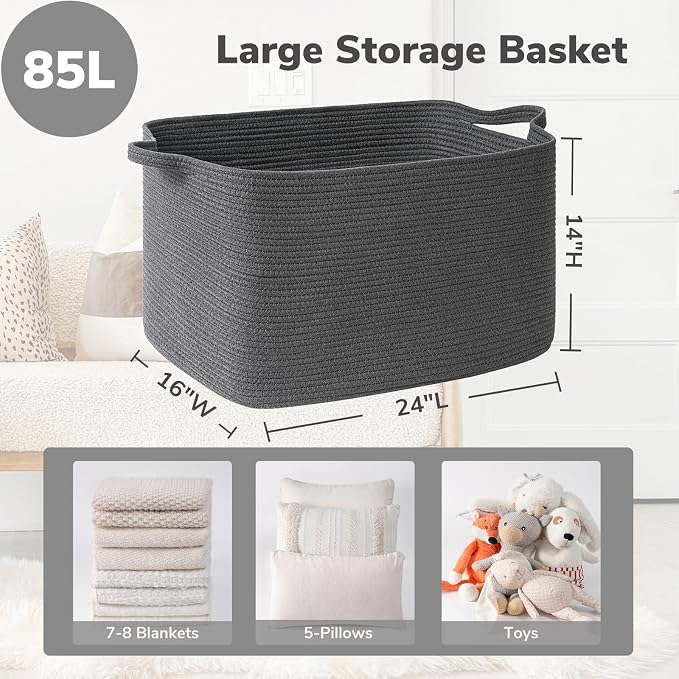 Goodpick 85L Large Woven Rope Blanket Basket, Rectangle, Dark Gray | 23.6'' x 15.7'' x 13.8'' Storage Basket for Blankets, Clothes, Toys & Pillows, Living Room, Bedroom & Nursery Organization