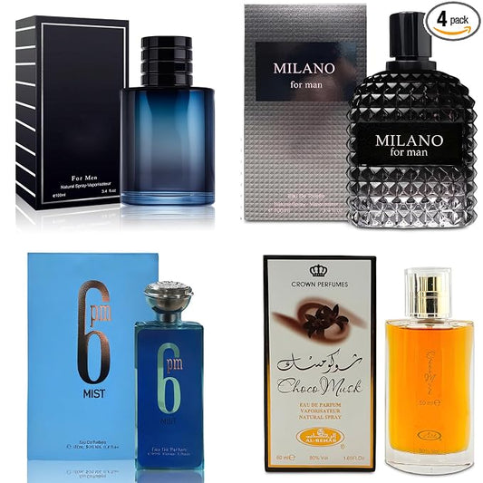 AFLUXE 4-Piece Cologne for Men Includes Choco Musk/SE/6PM Mist/Milano Scent of Woody, Spicy, Citrus & Aromatic eau de parfum Men Gift Set Each 100Ml for Daily Use
