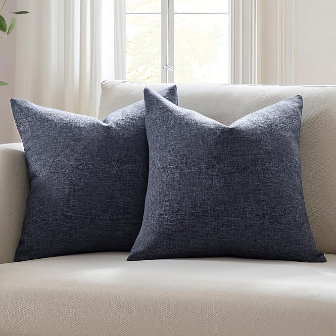 Meekio Set of 2 Deep Indigo Blue Throw Pillow Covers 16x16, Coastal Linen Blend Decorative Pillow Covers for Couch Sofa Bed, Beach House Home Decor