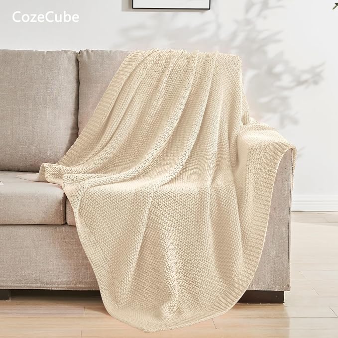 CozeCube Light Beige Seed Stitch Throw Blanket 50"x60", Farmhouse Decor | Blanket for Couch, Soft Cozy Cable Knit Throw for Bed Sofa Living Room, Lightweight Warm Decorative Christmas Blanket