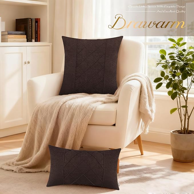 BRAWARM Chenille Throw Pillow Covers 22x22 Inches, Coffee, 2 Pack | Decorative Pleated Pillow Covers, Soft Cushion Cases for Sofa Bed Living Room Home Farmhouse (No Insert)