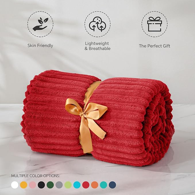 BEDELITE 3D Ribbed Jacquard Red Fleece Throw Blanket for Couch, 50x60 Inch | Soft Warm Decorative Fluffy Blanket, Cozy Plush Lightweight Fuzzy Throw Blanket for Bed Sofa Home Room Decor, Gift for Women