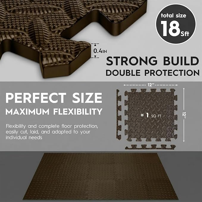 18pcs Puzzle Exercise Mat, 12.6"x12.6"x0.4", 18sqft EVA Interlocking Foam Floor Tiles, Protective, Water-Resistant Flooring for Home Gym & Workout Equipment