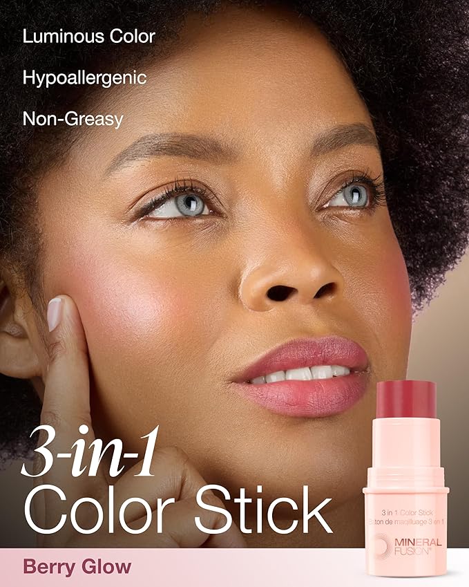 Mineral Fusion 3-in-1 Color Stick - Hydrating Tinted Cream Blush for Cheeks, Lip and Eye - Natural Multi Use Makeup (Berry Glow)