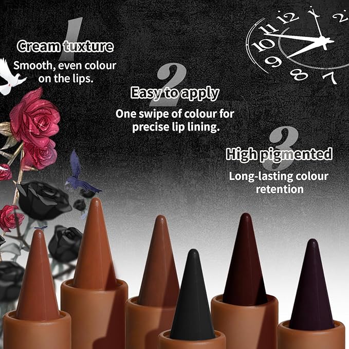 3 Colors 2 in 1 Gothic Lip Liner Set, Matte Dark Brown Red Black Lip Liner Plumping Smooth Creamy Lip Pencil, High Pigmented Long lasting Lip Stain Lipstick Goth Halloween Makeup, 06+07+08