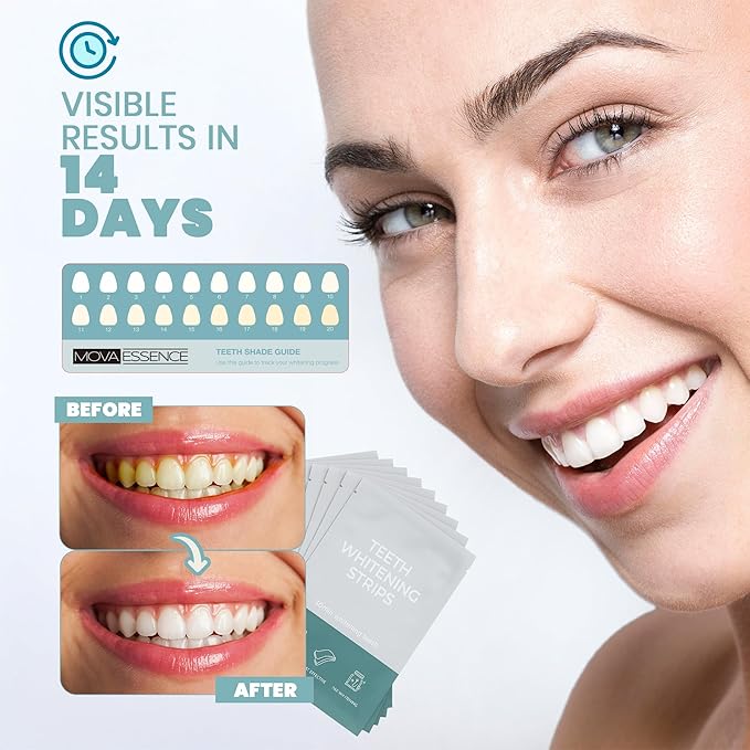 MOVA Essence Teeth Whitening Strips - Dry Pap - 14 Treatments (28 Strips) - Enamel Safe - Fast Effective Brighter White Teeth - 30-Minute Treatment