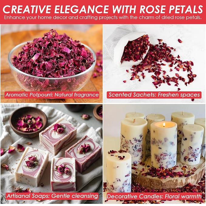Cure Wid Pure Certified Organic Dried Rose Petals 4 oz Food-Grade Edible Rose Petals for Tea,Cocktails,Baking,Skincare & DIY - Sun-Dried,Non-GMO,Gluten & Chemical-Free Edible Flowers in Resealable Bag