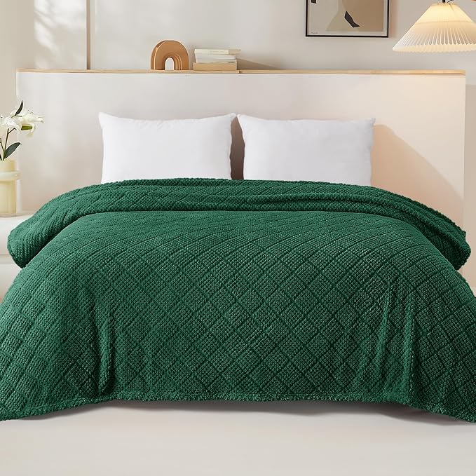 Whale Flotilla Soft Fleece Twin Size Blanket for Bed, Emerald Green | Jacquard Waffle Blankets for Home Decor, Lightweight and Cozy, All Season Suitable, 60x80 Inch