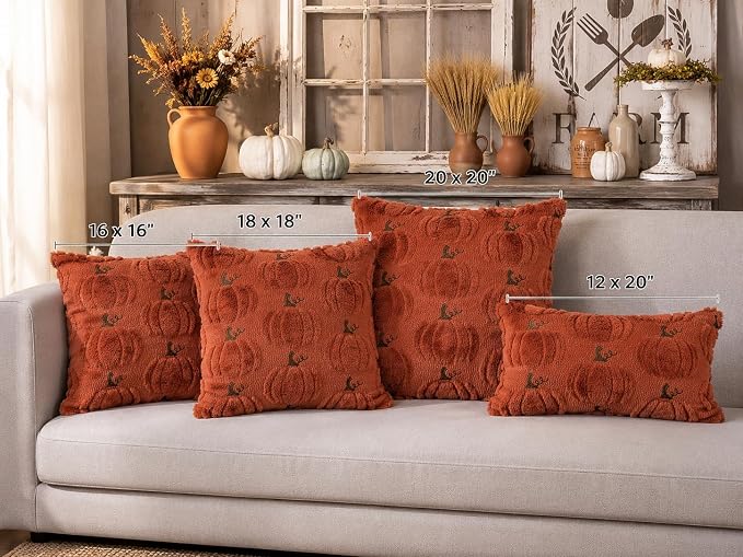 Fall Pumpkin Decorative Pillow Covers 20x20 Set of 2, Dark Rust Red Soft Plush Faux Fur Wool Farmhouse Throw Cushion Cases for Autumn Thanksgiving Holiday Home Decorations