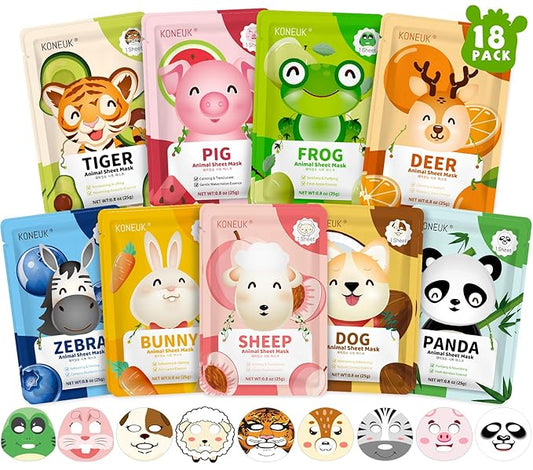 18 Pack Animal Face Mask for Kids, Bulk Sheet Face Masks Skincare for Girls, Collagen Hydrating Face Mask Spa Party Gifts for Teens, Easter Basket Stuffers, Birthday Gifts for Women