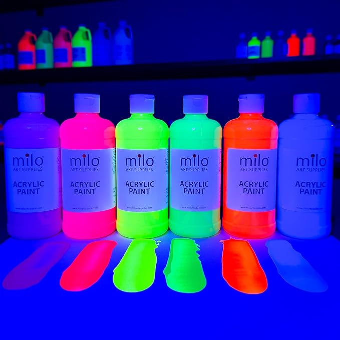 milo Fluorescent Acrylic Paint Set of 6 Colors | 16 oz Bottles | Student Neon Colors Acrylics Painting Pack | Glows UV in Black Light | Non-Toxic Art & Craft Paints for Artists & Hobby Painters | Made in USA