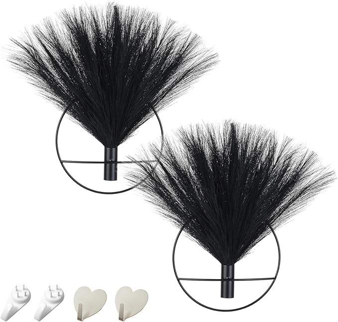 Pretty Jolly Boho Pampas Wall Decor Black Metal Wall-Mounted Art | Morden Artificial Greenery Display，2 Pack Hanging Planter For Living Room, Bedroom, Bathroom, Dining room