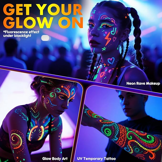 nsxsu Glow in The Dark Face Paint Markers 10 Color, Neon Body Paint Pens for Skin Fluorescent Under Black Light, Washable UV Temporary Tattoo for Birthday Glow Party Supplies Makeup Stocking Stuffers