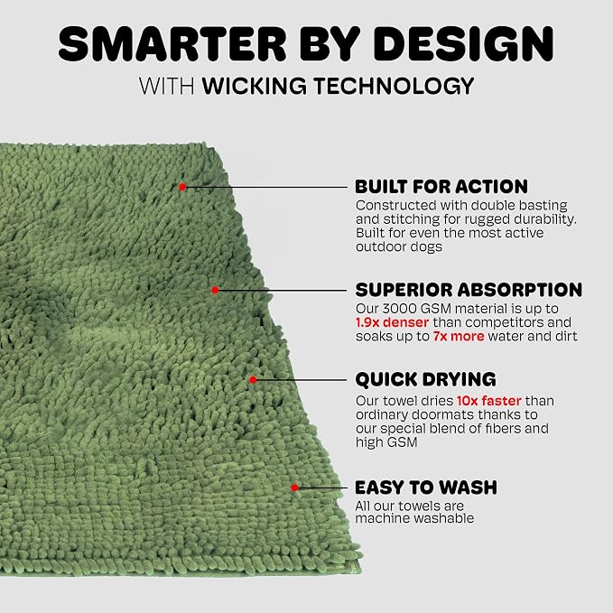 Dog Gone Smart Dirty Dog Doormat - Fast Drying Rug for Dogs Small 23 x 16in | Plush Dog Mat with Super Gripper Backing - Absorbent Microfiber & Machine Washable Mat for Muddy Paws - Sage Green