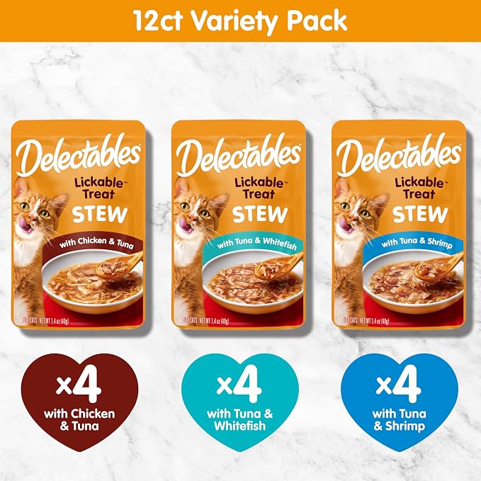 Delectables Lickable Treat Stew Wet Cat Treat Variety Pack, Food Topper, Hydrating, Grain-Free, No Fillers, No By-Products, No Added Preservatives, 1.4oz Pouch, 12ct