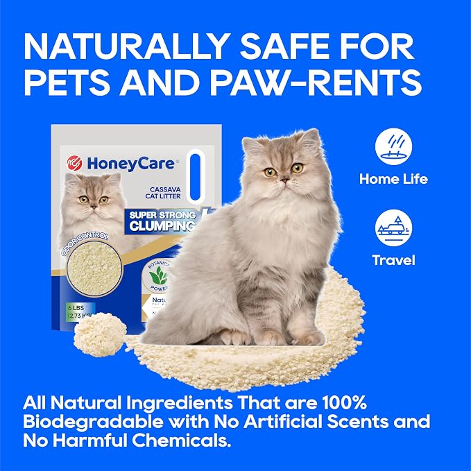 HoneyCare Cassava Cat Litter | Natural Plant-Based Litter | Quick Clumping & Low Dust | Superior Odor Control | 24-lbs Value Pack (6 lbs x 4)