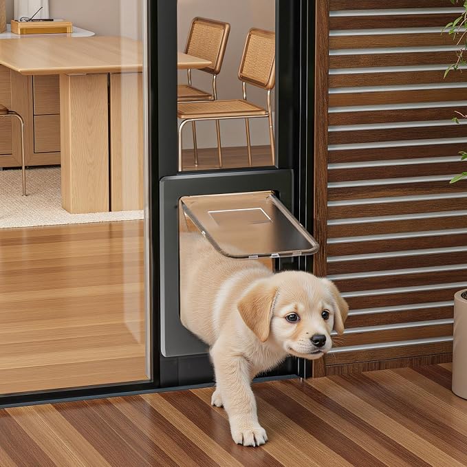 Dog Door for Sliding Glass Door, Magnetic Plastic Flap Sliding Door Pet Insert with Lock, Adjustable Height 74.2”-80.7”, No-Cut Installation for Patio Dog Access(Black L)