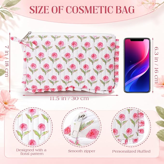 Gilprop Floral Makeup Bag 7" Cotton Cosmetic Bag for Women Large Makeup Pouch with Ruffles Aesthetic Flowers Travel Toiletry Organizer for Spatulas Brushes Skincare Gifts (Pink)