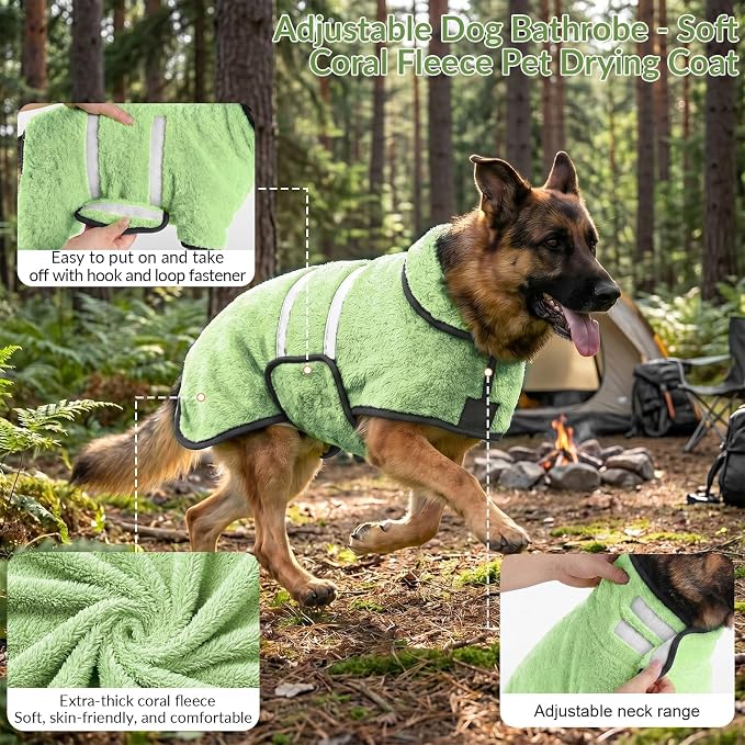 Dog Bathrobe, Super Absorbent for Small to Large Dogs, Neon Green L | Dog Robes with Soft Fleece, Warm & Cozy, Adjustable Fit, and Quick Drying Coat for Baths Swimming and Grooming