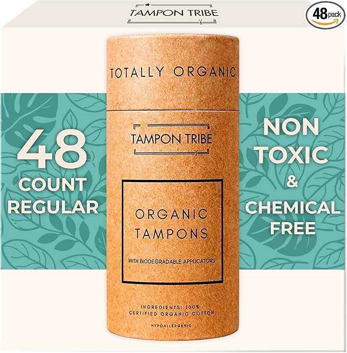 Tampon Tribe Regular Organic Tampons for Women | 48 Non-Toxic Tampons | Natural 100% Organic Cotton, Hypoallergenic, Metal and Chemical Free with Biodegradable Applicator | (48 Count - Regular)
