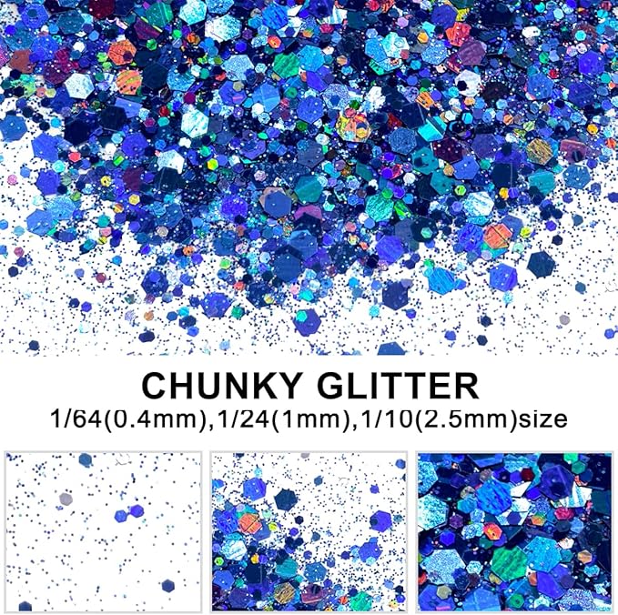 Royal Blue - Holographic - Craft Glitter - 2oz Glitter Shaker Bright Colorful Mix Chunky Body Glitter Bulk - 24 Colors in Shaker, Cosmetic Grade Glitter - EBKC709