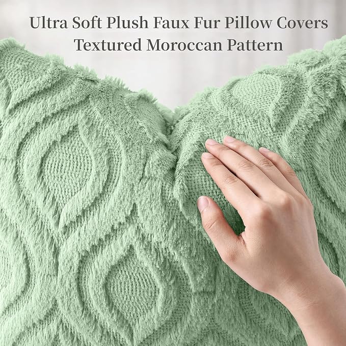 decorUhome Faux Fur Plush Sage Green Throw Pillow Covers 18x18 Set of 2 | Plush Solid Fall Couch Pillow Covers, Accent Modern Farmhouse Neutral Decorative Soft Pillow Cases for Sofa Bed Living Room