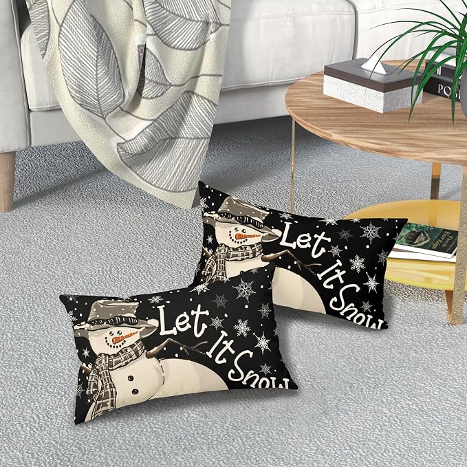Christmas Black Lumbar Pillow Covers 12X20 Inch Set of 2 Xmas Snowman Snowflake Decorative Pillow Cases Winter Holiday Cotton Linen Cushion Case Modern Home Decor for Sofa Couch Bedroom