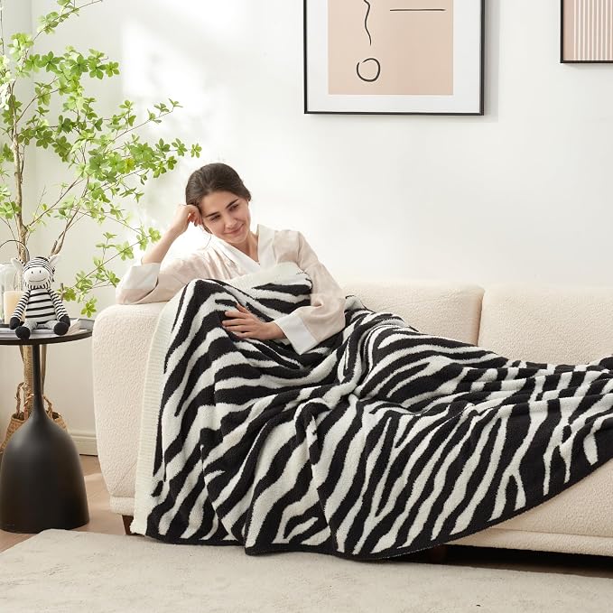 Snuggle Sac Zebra Blanket Black Zebra Print Blanket Twin Size, Ultra Soft Reversible Zebra Throw Blanket for Couch, Sofa & Bed, 60x80 inches