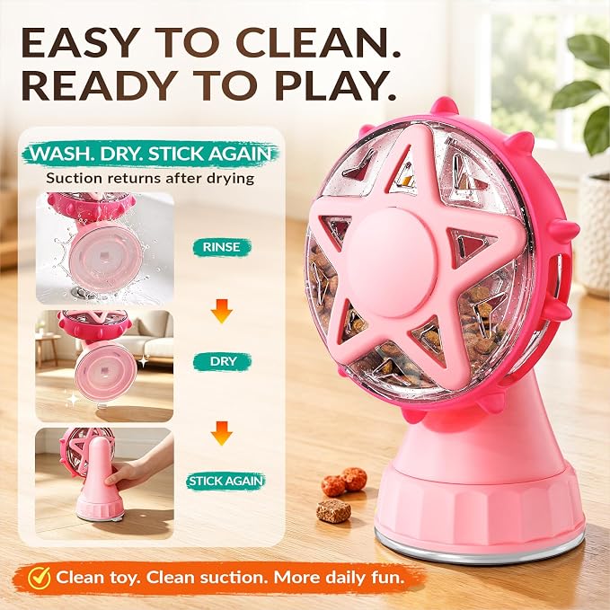 Interactive Cat Treat Dispenser Toy, 2-in-1 Slow Feeder & Wand Pink | Boredom Buster, Mental Stimulation, Puzzle Toy, Adjustable Slow Feeder, Suction Cup, Enrichment, Indoor Cats & Small Dogs