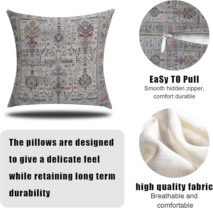 Boho Throw Pillow Covers 24x24 inch Set of 2,Soft Pillowcases Bohemia Carpet Printing Pattern Decorative Sofa Living Room Bed Square Pillow Case Cushion Cover-Gray Flower