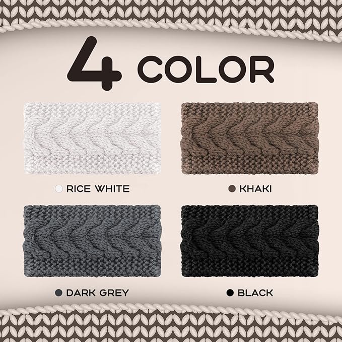 4 Pieces Winter Ear Warmers Headbands Women Warm Knitted Headband Braided Crochet Head Wraps for Girl (Khaki, Dark Grey, Beige, Black)