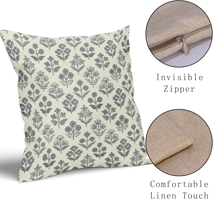 Dusty Blue Floral Pillow Covers 22x22 Inch Set of 2, Vintage Flower Block Pattern Decorative Throw Pillowcases Outdoor Farmhouse Cushion Covers Spring Summer Rustic Decoration Sofa Couch Bed Decor
