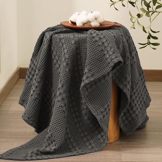 PHF 100% Cotton Waffle Weave Throw Blanket, Lightweight Breathable Summer Blanket for Couch Sofa, Pre-Washed Soft Throws for Bed, Office, Travel & Stylish Home Decor, 50"x60", Charcoal Grey