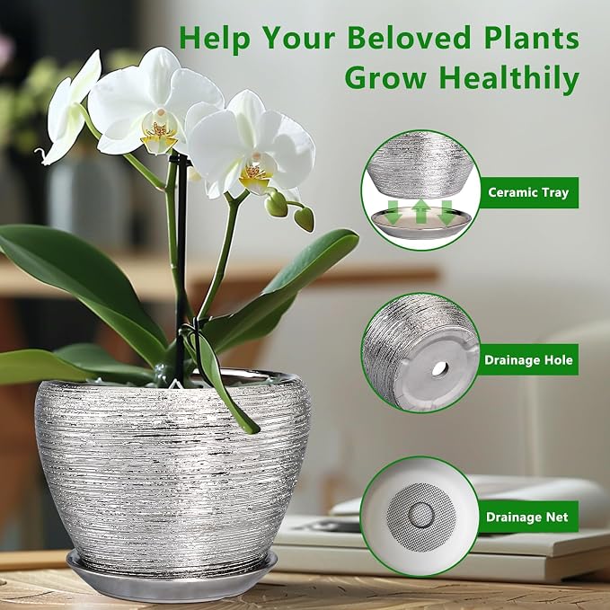 Ceramicfor Ceramic Planter - 6 Inch Plant Pot Indoor with Drainage Hole and Saucer Outdoor Pot for Plants Round Decorative Planter Modern Mid-Century Flower Pot for Office Decor Silver