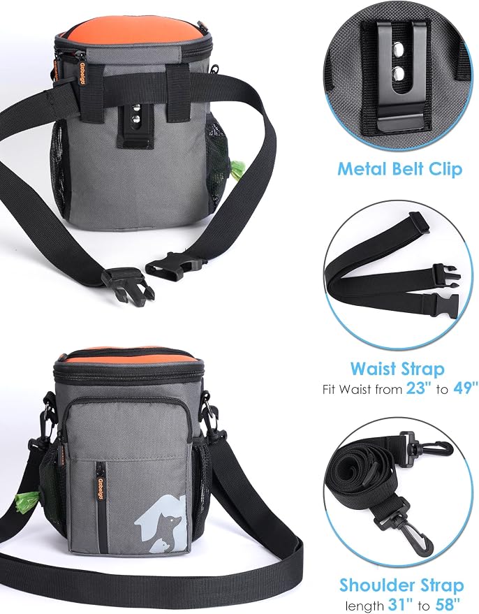 Gobeigo 8 Cup Dog Treat Pouch with Training Clicker(Gray & Orange) | 3 Ways to Wear/Built-in Poop Bag Dispenser/Zipper Front Pocket Phone Friendly Treat Bag for Pet Training & Walking