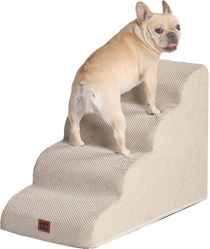 EHEYCIGA Curved Dog Stairs Ramp, 4-Step High Beds, 19.7" H Pet Step | 33D density of pure foam, for Small Dogs and Cats, Pet Stairs for High Bed Climbing, Non-Slip Balanced Indoor, Beige