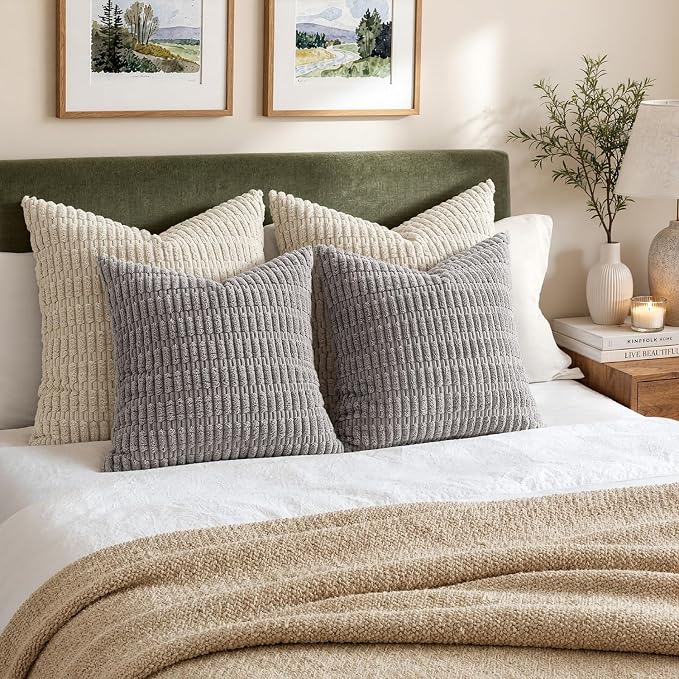 MIULEE Corduroy Decorative Throw Pillow Covers 20x20 Light Grey Pack of 2 | Soft Boho Striped Pillow Covers Modern Farmhouse Home Decor For Sofa Living Room Couch Bed