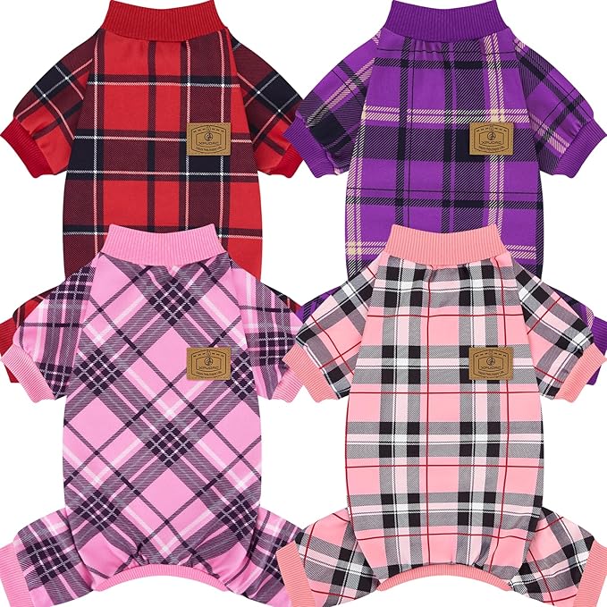 XPUDAC 4 Pack Plaid Dog Pajamas Outfits Cozy Doggy Clothes for Small Medium Dogs Girl Boy Puppy Onesie for Christmas Pet Pjs Jammies, L