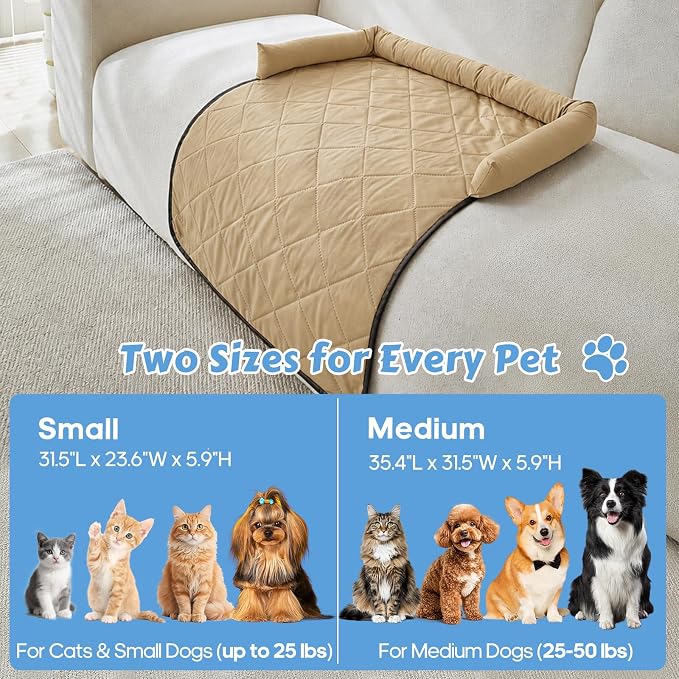 Cooling Dog Bed Mats with Neck & Head Support, 31.5 x 23.62 inch Khaki | for Small and Medium Dogs & Cats, Non-Slip, Machine Washable, Protects Sofa from Fur & Scratches