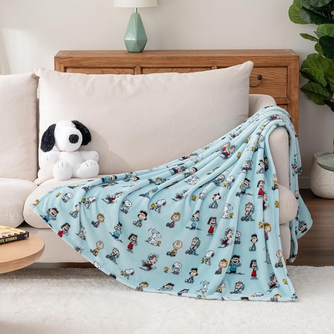 Berkshire Blanket Peanuts® VelvetLoft® Cute Character Snoopy Plush Oversized Throw Blanket, Snoopy Play with Peanuts Gang Light Aqua (50in x 60in)