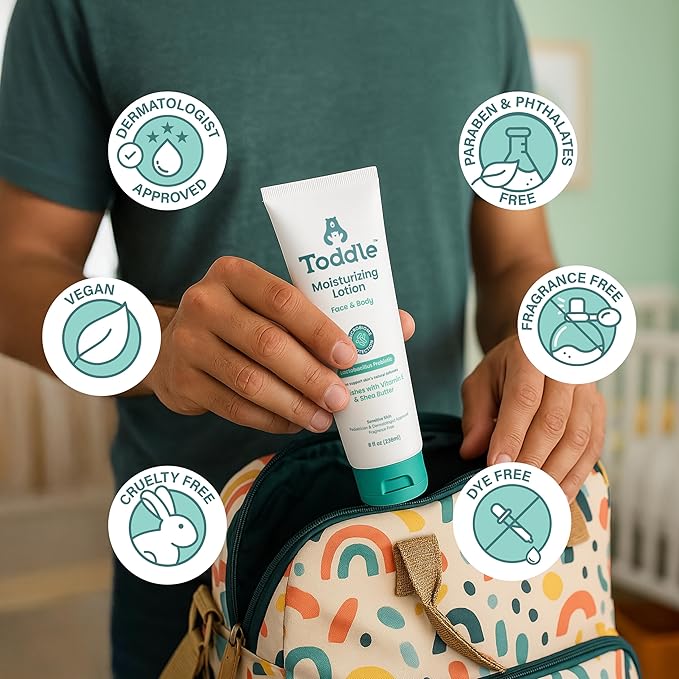 Toddle Probiotic Moisturizing Lotion for Face & Body, Eczema & Dry Skin Relief, Fragrance-Free with Vitamin E, Shea Butter for Sensitive Baby & Kids Skin, Pediatrician-Approved, 8oz