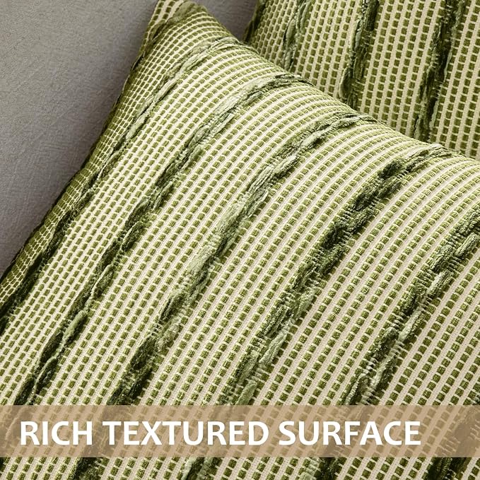 ANRODUO Boho Decorative Pillow Covers Olive Stripe 18x18 Inch Set of 2 | Woven Chenille Decorative Cushion Case with Striped Farmhouse Accent Neutral Pillowcase for Couch Sofa Bed Living, Room Decor