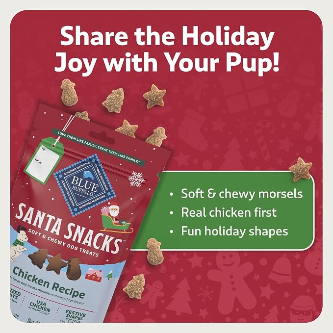 Blue Buffalo Santa Snacks Chicken Dog Treats, 4.5 oz | Limited-Time Holiday Treat, Soft-Moist Training Bits, Seasonal Shapes, No Chicken By-Product, Corn, Wheat, or Soy
